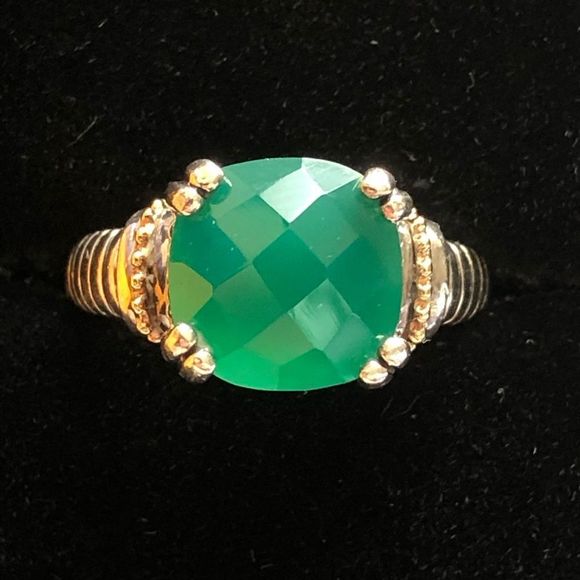 Vintage Sterling Silver & 14k Gold Rare Cushion Cut Jadeite Cocktail Ring Sz 7